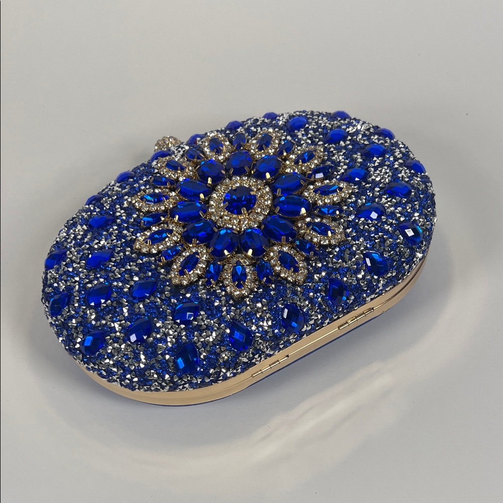 Verano Hill Dazzling Blue and Silver Crystal Evening Clutch With Gold Trim - Picture 2 of 6